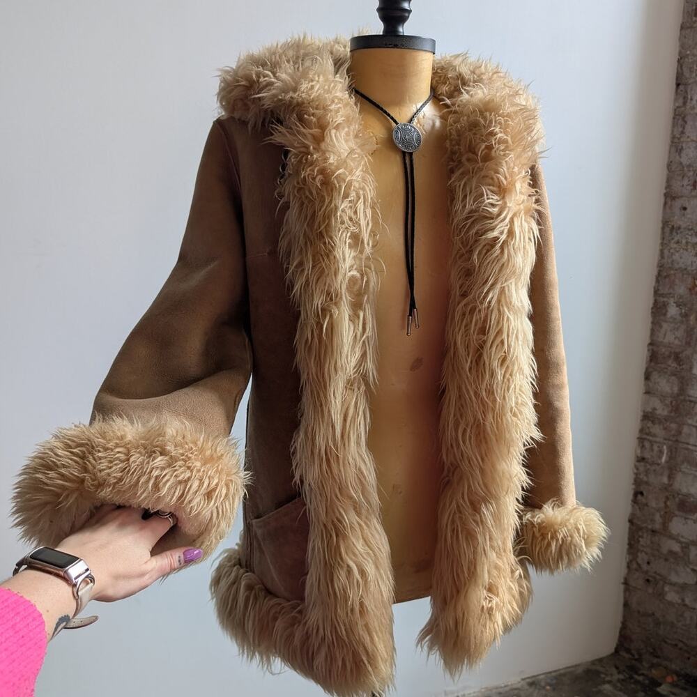 70s Vintage Brown Leather Penny Lane Coat Tan Suede Fur Groovy Boho Afghan Coat